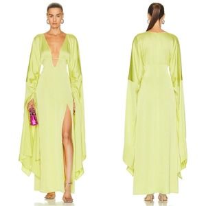 NWT Cult Gaia Winona Dramatic Ruched Bell Sleeve Maxi Gown in Mantis Gre…